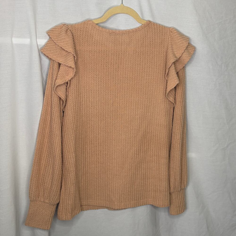 Doe & Rae Pink Waffle Ruffle Long Sleeve Blouse L - Picture 2 of 6
